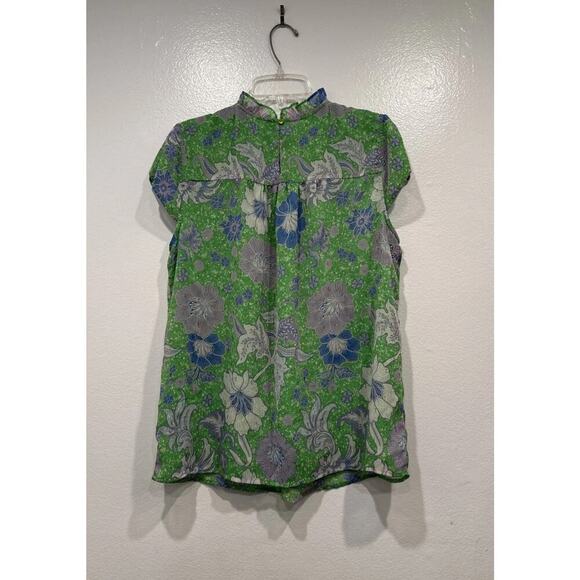 Joie Floral Print Cap Sleeve Blouse Size Large Ruffle Trim Green Lavender Boho - Picture 3 of 9